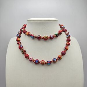 Red Millefiori Art Glass Necklace Italian Venetian Murano Italy 24" 8mm Vintage
